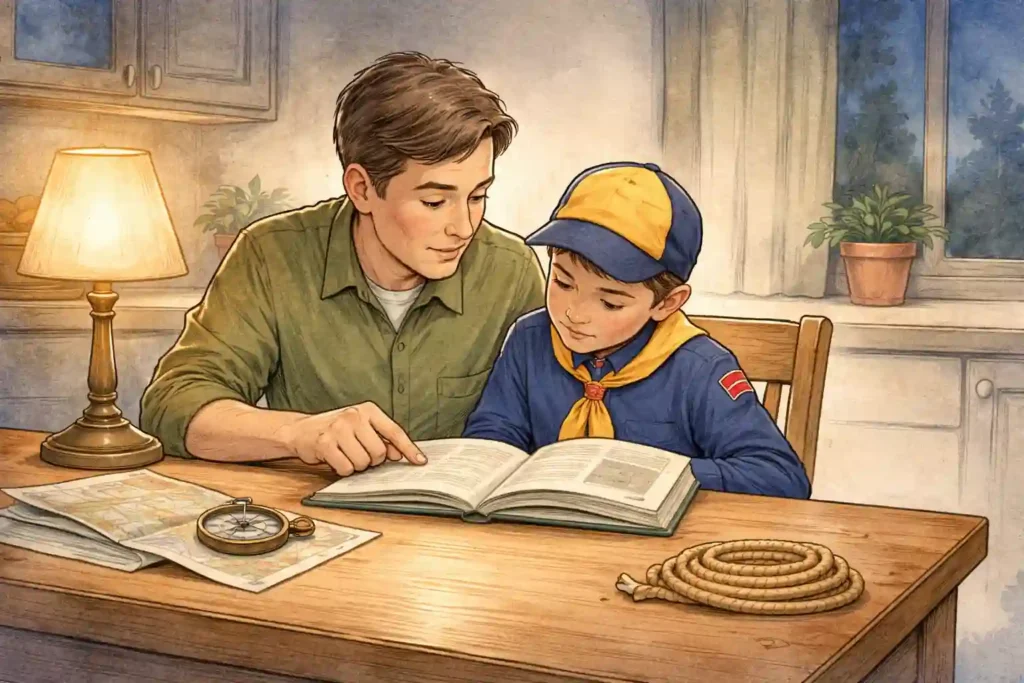 Parent and child reading a scout handbook together at home.