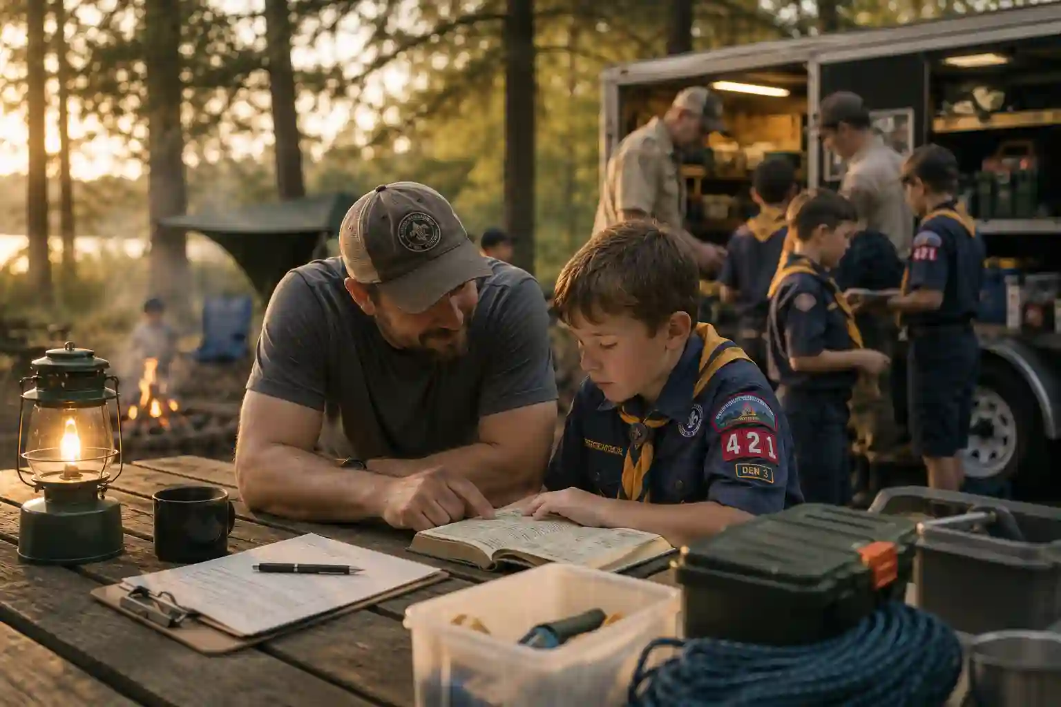 Scout leader and boy reading at campsite