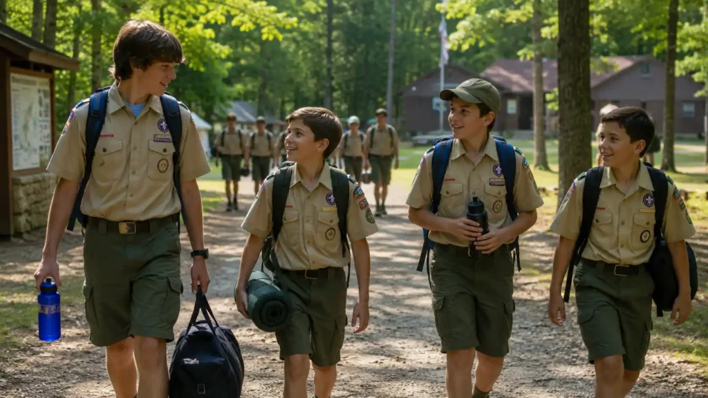 Boy Scouts walking at summer camp with backpacks