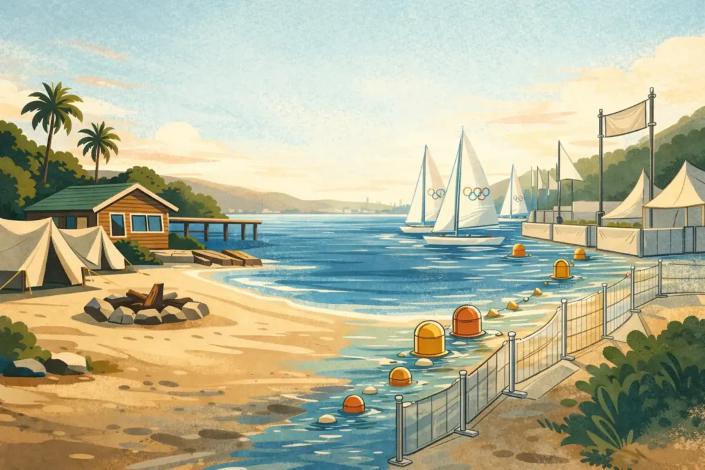 Seaside camp with sailboats and palm trees.