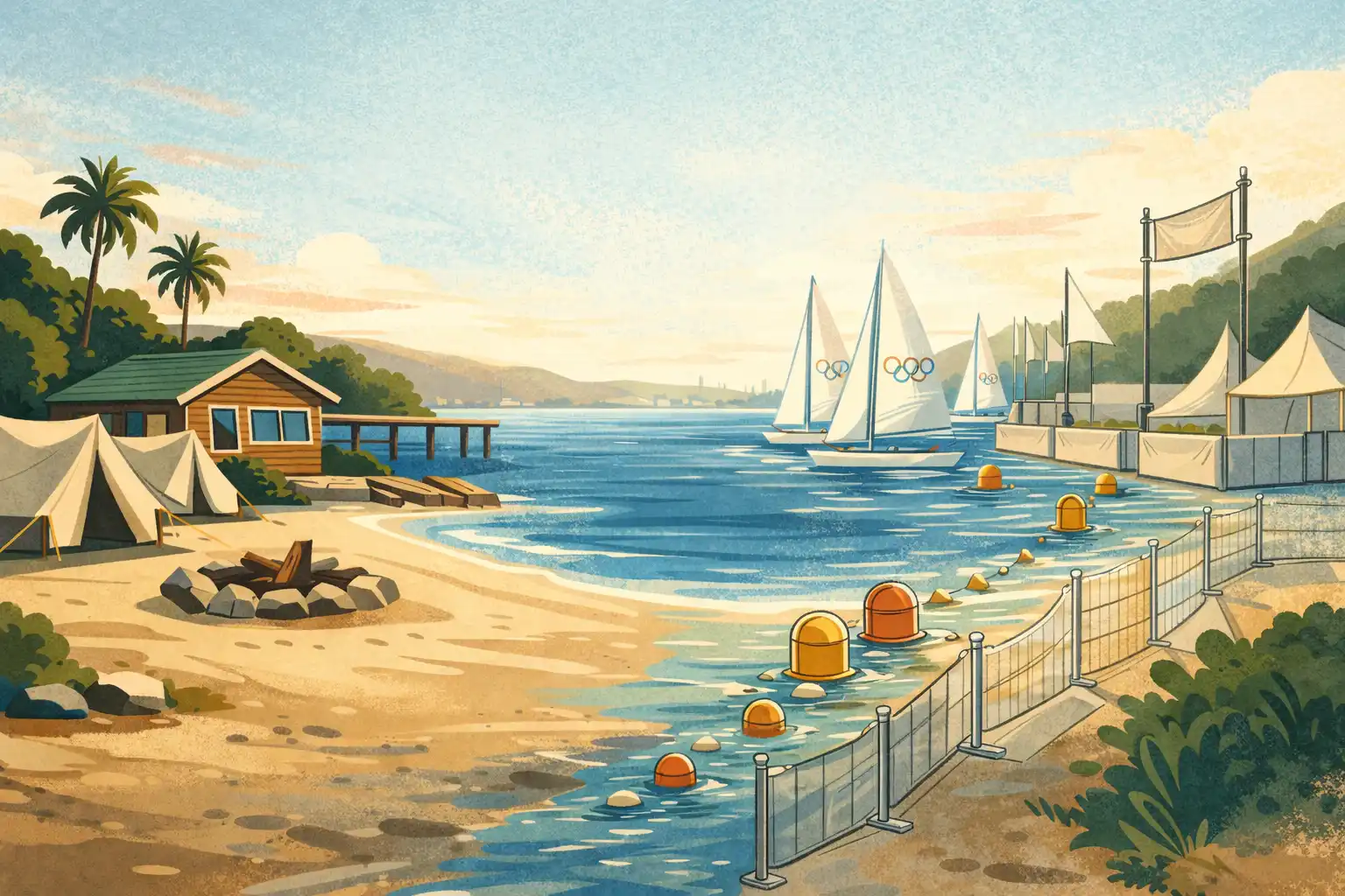Seaside camp with sailboats and palm trees.