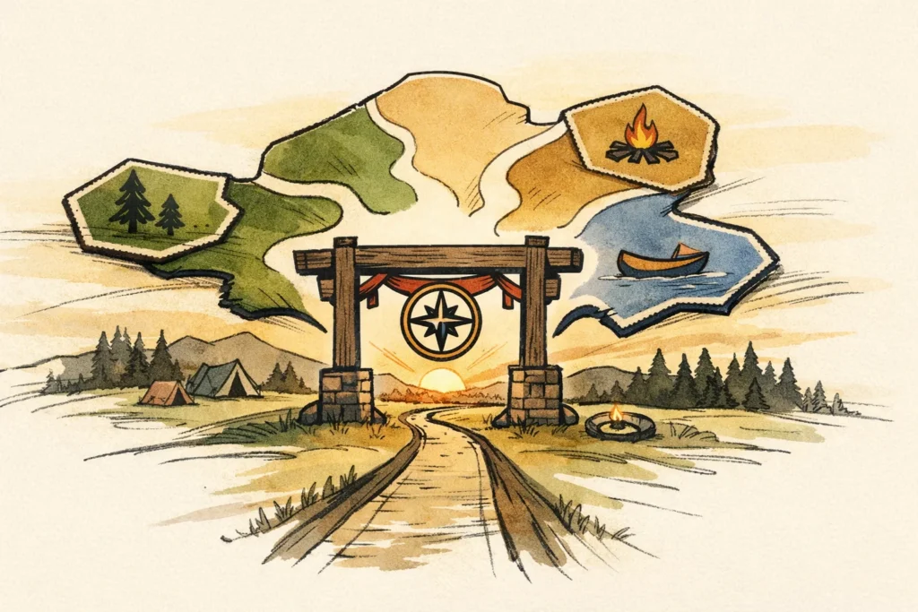 Scenic camping landscape with arch and compass design.