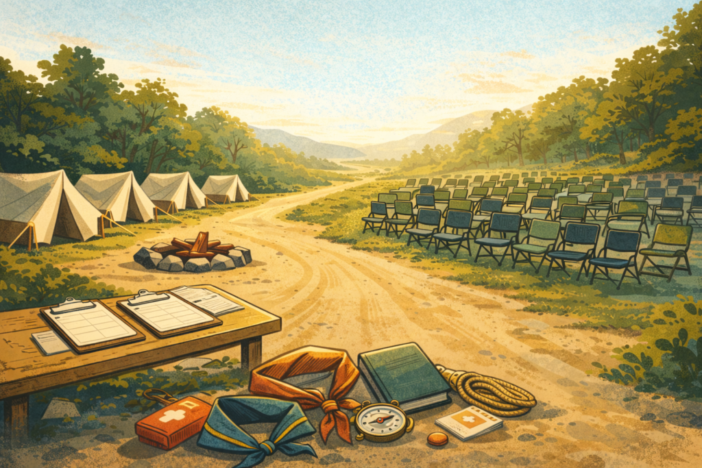 Outdoor scout camp setup with tents and chairs.