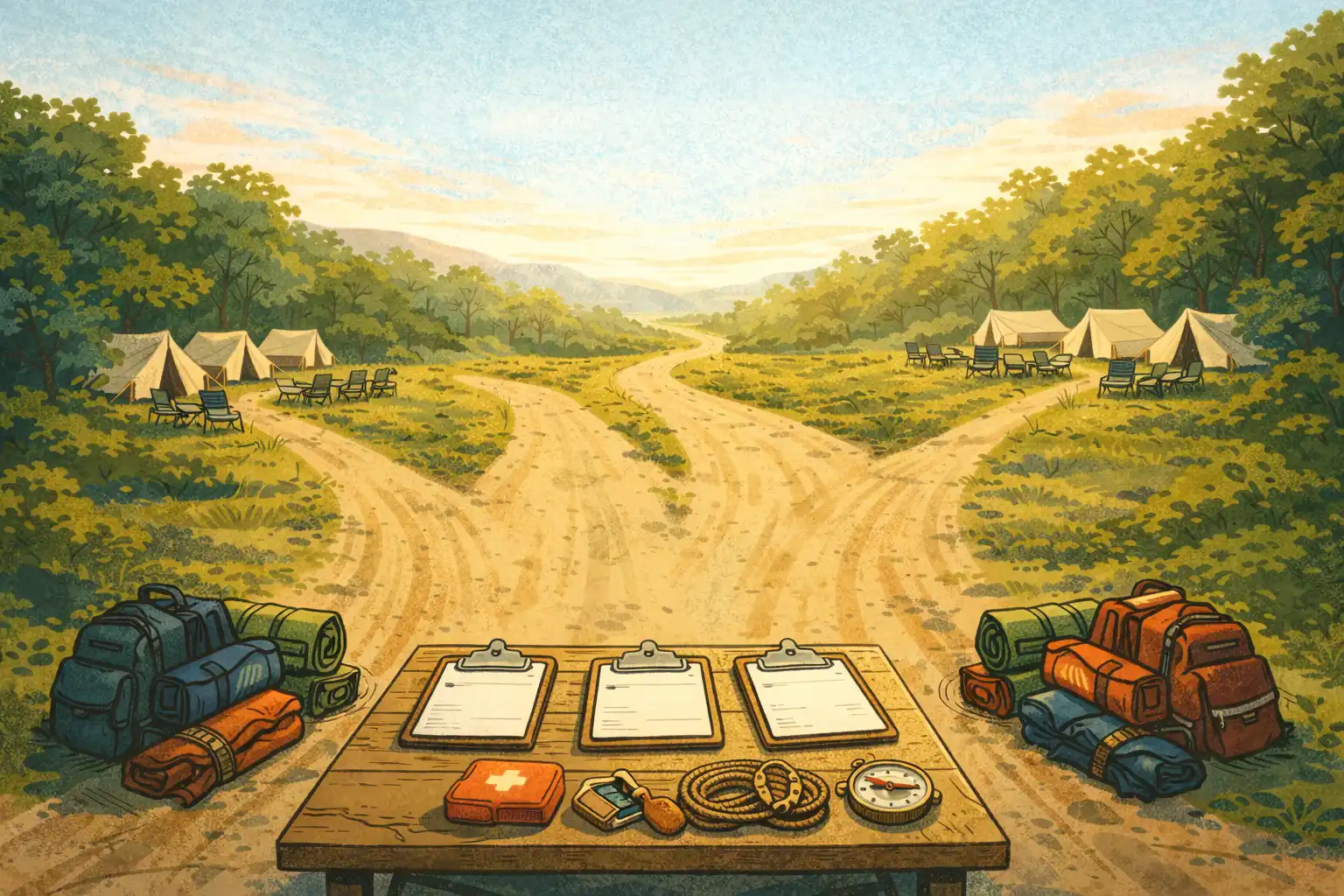 Outdoor campsite with tents and tools on table.