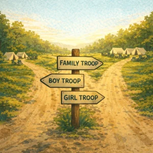 Camping signs for family, boy, and girl troops in forest.